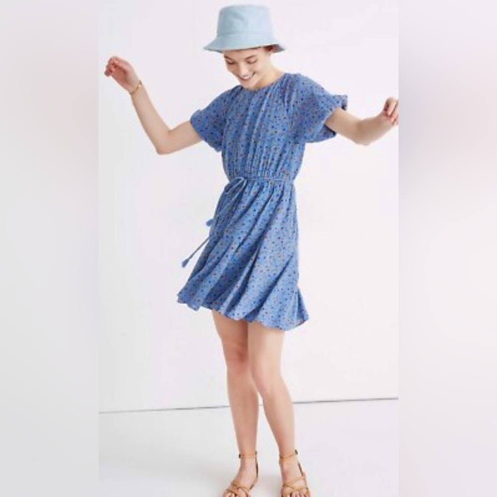 Madewell Short Sleeve Tassel-Tie Caico Floral A-line Mini DresS ZB12